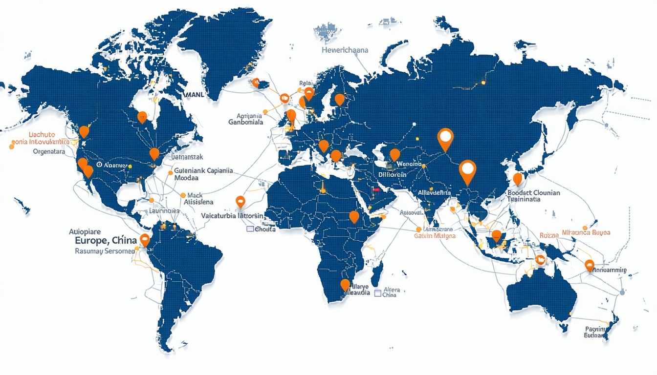 Global network map with partner locations highlighted in Europe and China